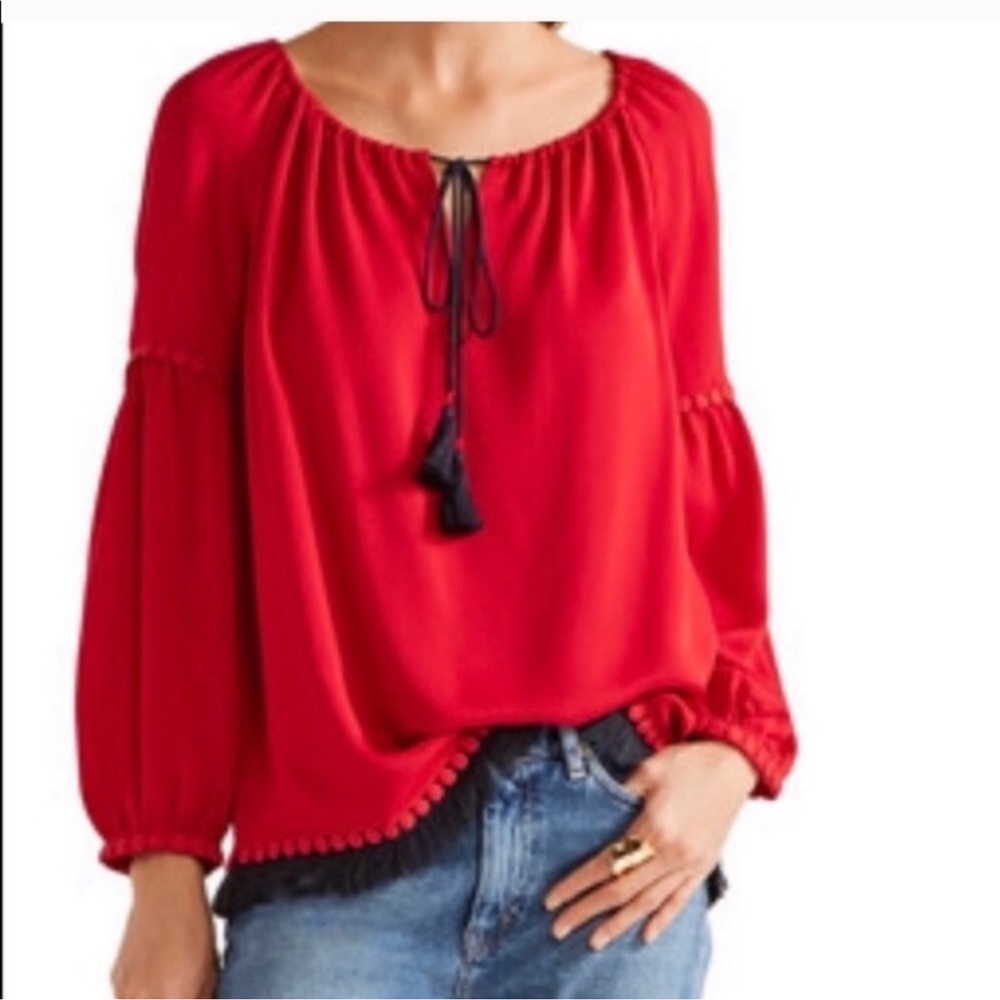 Tory Burch Sylvie‎ blouse Boho /Peasant/Tie Blouse Top RED Fringe Tassel Sz 10